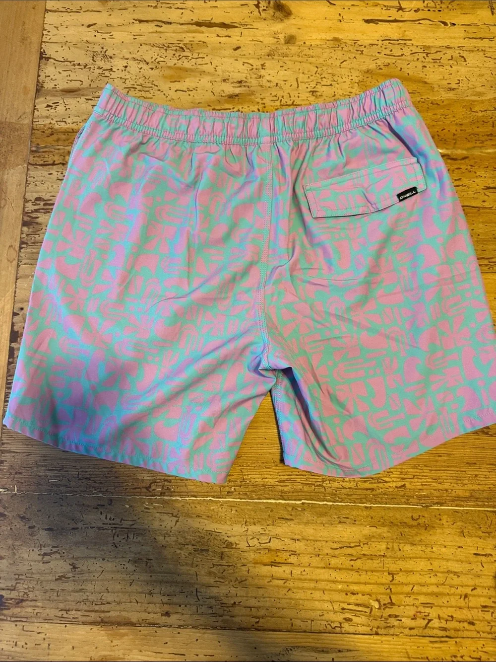 O'Neill Pink and Mint Pattern Swim Trunks